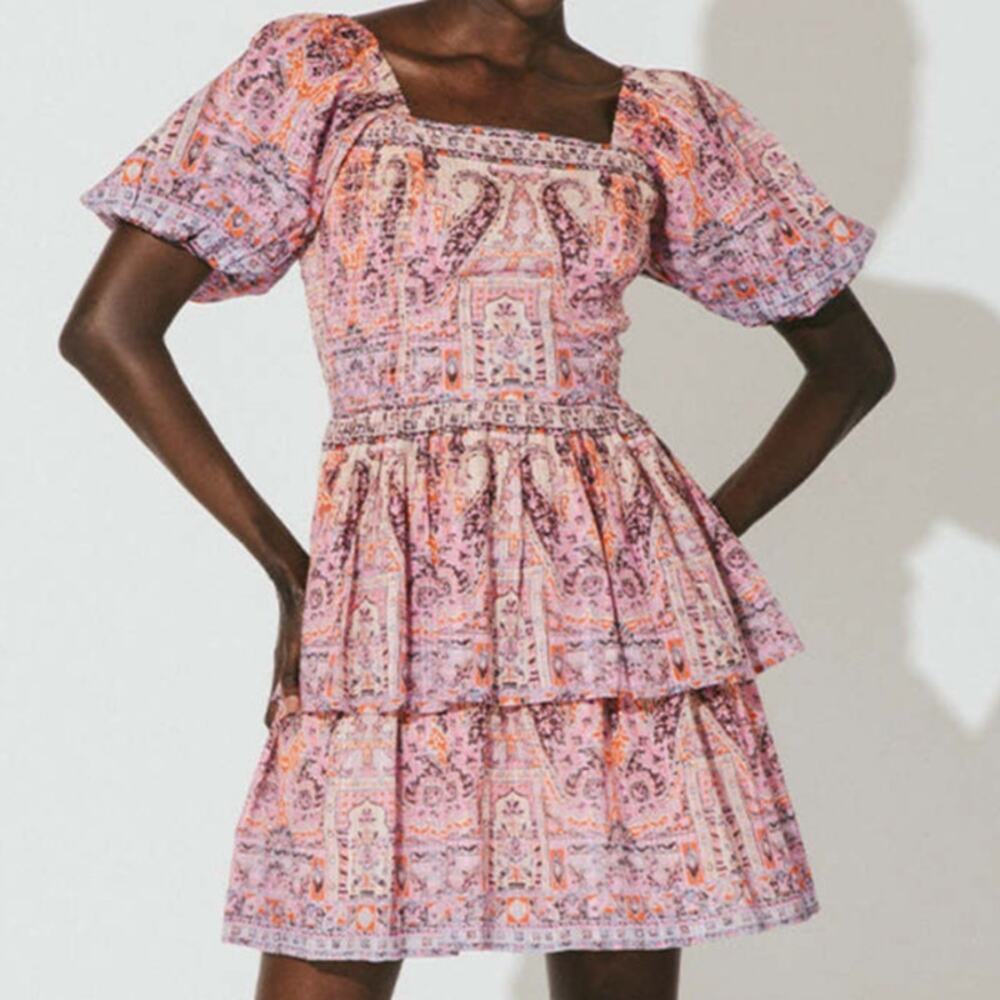 Cleobella Sidney Smocked Mini Dress Mahal Print Pink Purple Size Large